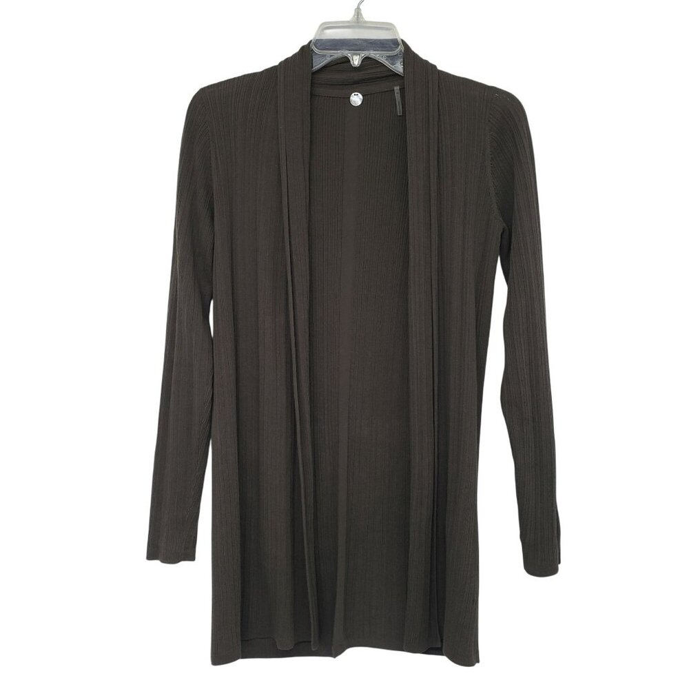 Margaret O'Leary Rib Knit Open Front Cardigan Sweater Gray Green